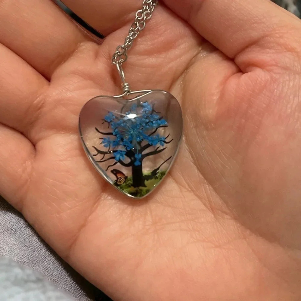 Resin Flower Pressed & Tree Heart Pendant Charm Stainless Steel Necklace